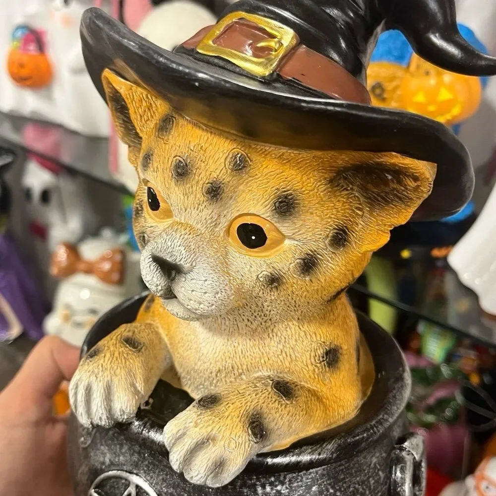 Cute Halloween Witch Cat in CauldroCute Halloween Witch Cat in Cauldron Figurine